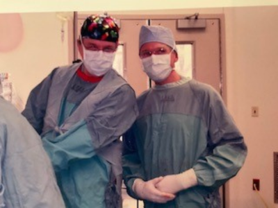 Drs. Cecil Rorabeck and Bob Bourne in surgery at University Hospital
