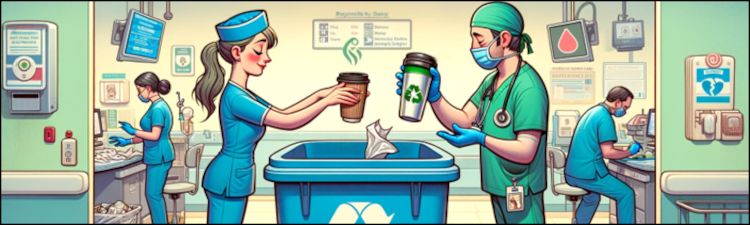 Illustration of a nurse and doctor disposing their coffee cups into a blue recycling bin