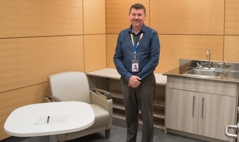 Matt Keast, Director of Facilities Management Planning, stands within the Team LHSC lactation space at Victoria Hospital