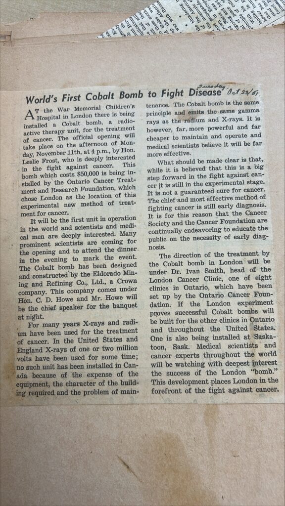 A 1951 newspaper article reporting on the planned installation of the Cobalt Bomb to help treat cancer.