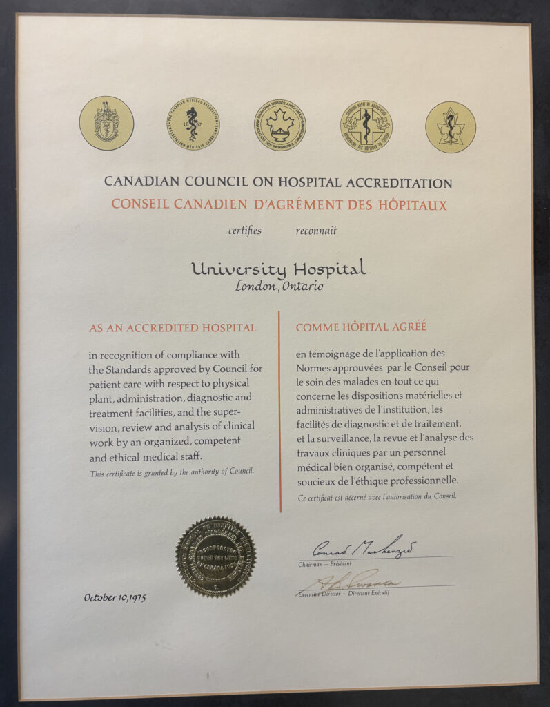 Accreditation certificate from University Hospital in 1975.