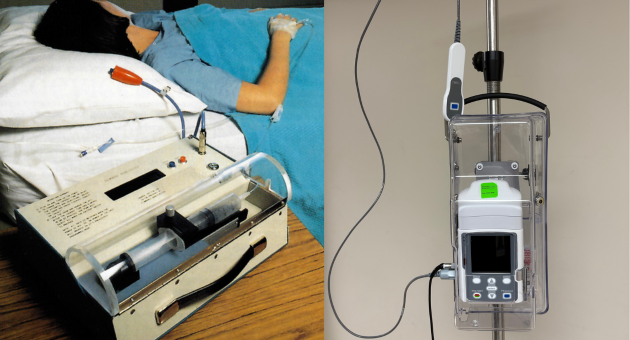 he patient controlled analgesic infusor on the left is one designed at University Hospital in the early 1980s (image from University Hospital Today 1989) and the one on the right is from 2025.