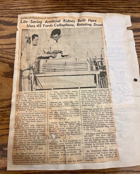 An archived newspaper article about the building of the artificial kidney from The London Free Press, January 13, 1949. 
