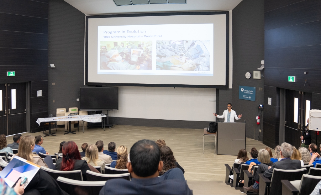 Dr. Michael Chu, Division Head, Cardiac Surgery at LHSC delivers a presentation to attendees on innovation during the formal presentation at University Hospital  
