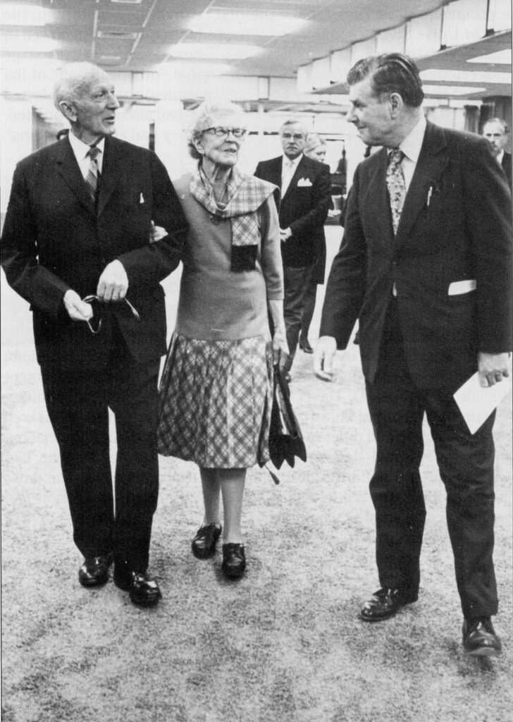 Guests of honour Dr. And Mrs. Wilder Penfield (left and centre, respectively) are shown around University Hospital by Dr. John Neilson, Executive Director (right), on the hospital’s opening day. 