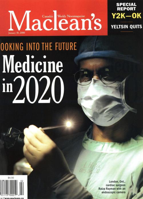 The January 10, 2000, edition of Maclean’s magazine featuring LHSC’s Dr. Reiza Rayman holding an endoscopic camera.  