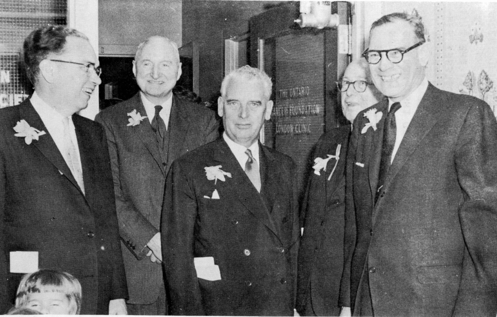 Left to Right: Mr. Rhys Sale, Chairman, Ontario Cancer Treatment & Research Foundation; Dr. J. T. Phair, Consultant to Ontario Department of Health; Mr. R. W. Robertson, President London & Middlesex Unit, Canadian Cancer Society; Dr. W. G. Cosbie, Medical Director, Ontario Cancer Treatment & Research Foundation; Dr. Ivan Smith, Director, Ontario Cancer Foundation, London Clinic