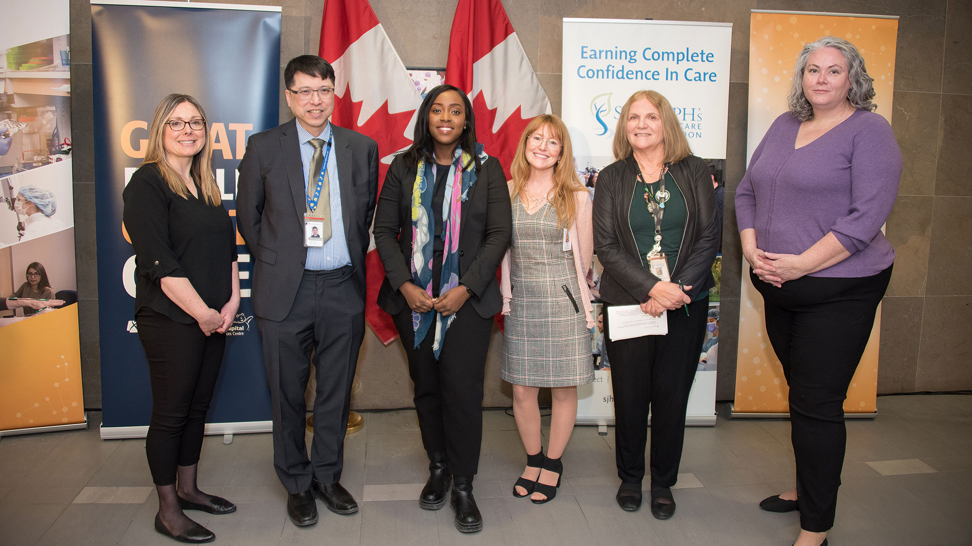 From left: Tammy Fischer, LHSC Clinical Nursing Educator; Dr. Kevin Chan, Corporate Medical Executive, LHSC; Arielle Kayabaga, Member of Parliament for London West; Dr. Lisa Porter, Vice President, Research and Scientific Director, St. Joseph's Health Care London; Dr. Cheryl Forchuk, Lawson Assistant Scientific Director; and Megan Van Boheemen, Director of Harm Reduction Services, Regional HIV/AIDS Connection