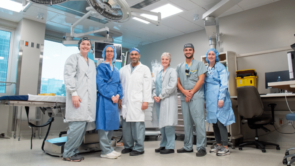 Members of the Nazem Kadri Surgical Centre team: (L-R) Brooke Boulerice, Registered Nurse; Nancy Tuttle, Registered Nurse; Dr. Abdel-Rahman Lawendy, Medical Director, Nazem Kadri Surgical Centre; Shayla McAlpine, Registered Practical Nurse; Lee Benaroch, Junior Lead Resident; and Kristen Reballato, Registered Nurse.