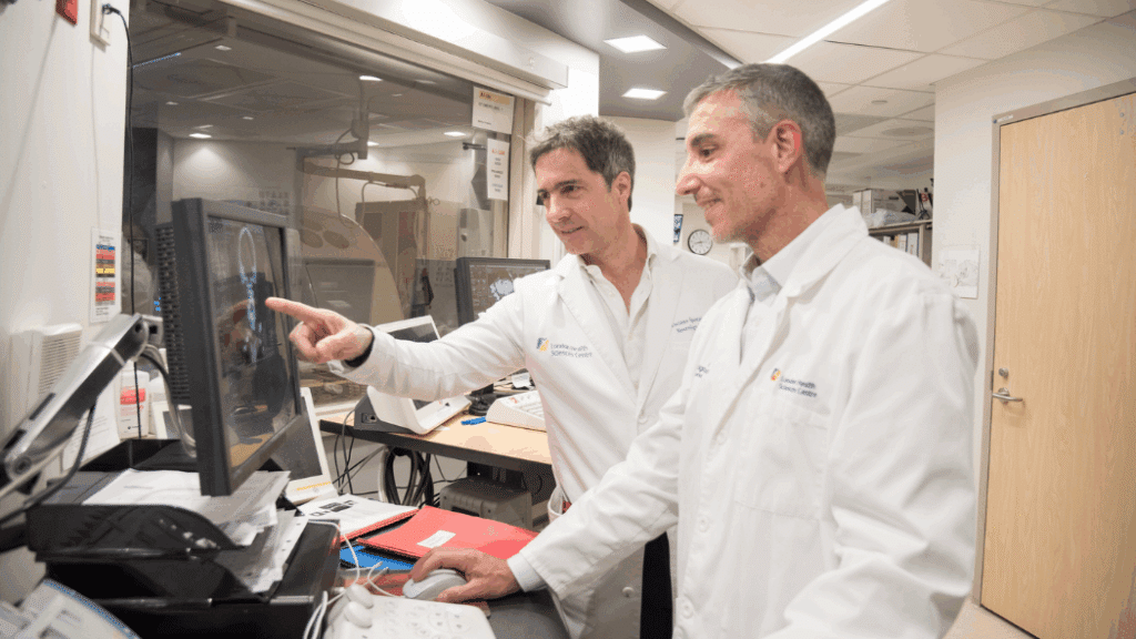 Stroke research team reviewing scan