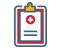 Cartoon icon of a clipboard in white, gray, yellow, and red with a red medical plus symbol.