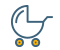 Cartoon icon of a bassinet in white and gray with yellow wheels. 