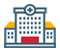 Cartoon icon of a hospital in white, gray, red, and yellow.