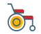 Cartoon icon of a gray and white wheelchair with a red seat and yellow wheel.