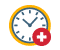 Cartoon icon of a white and yellow clock with a red medical plus symbol.