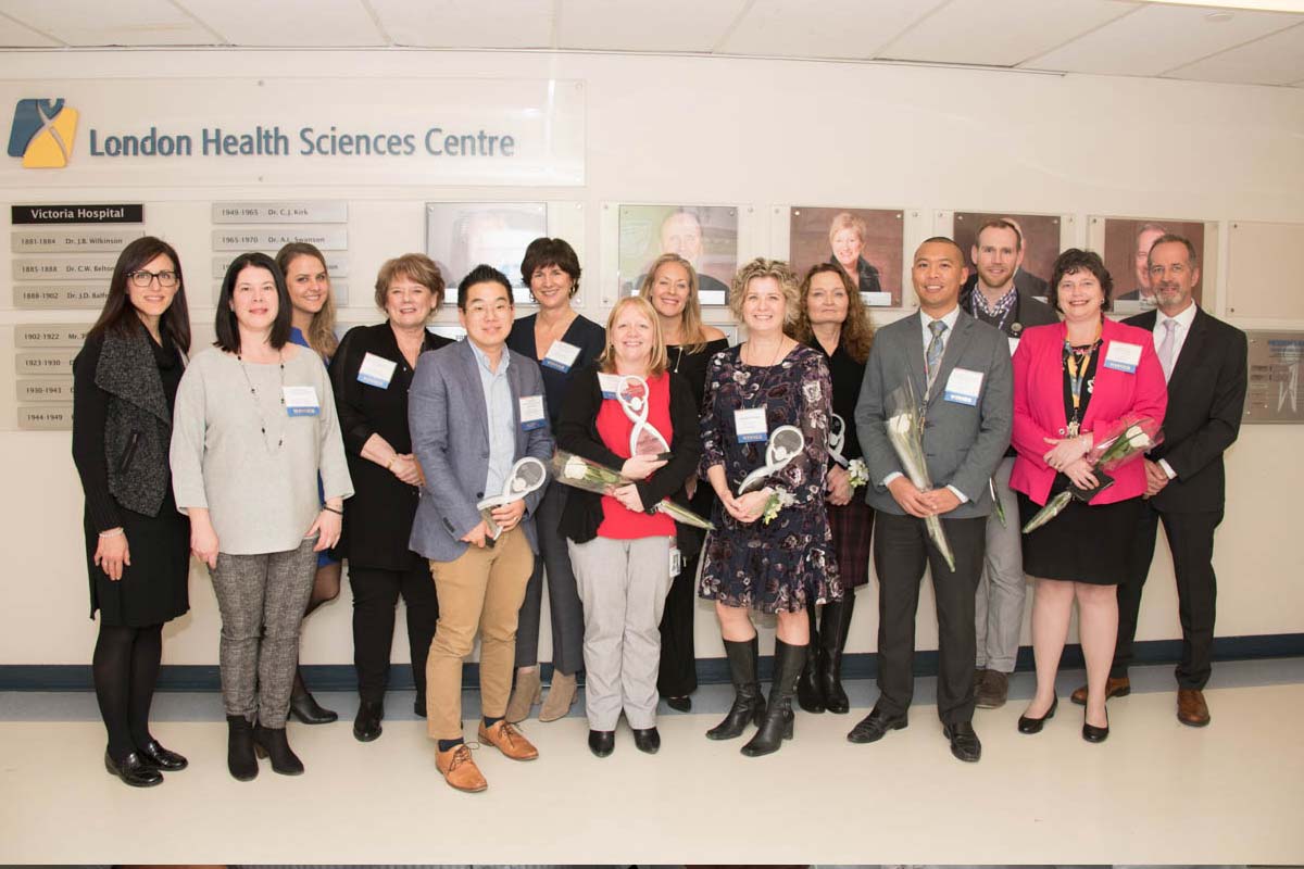 LHSC’s President and CEO Dr. Paul Woods alongside the 2018 President’s Award recipients.