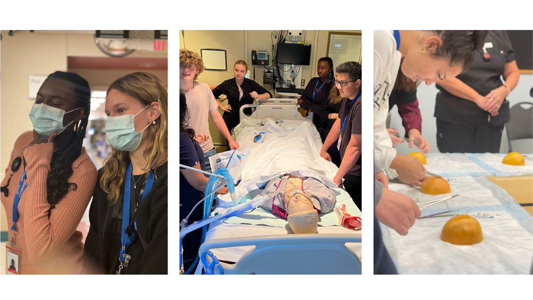 Image: From left: Students observing a demonstration in the ED; students participating in a simulation in Respiratory Therapy; students learning how to suture with Dr. Vogt