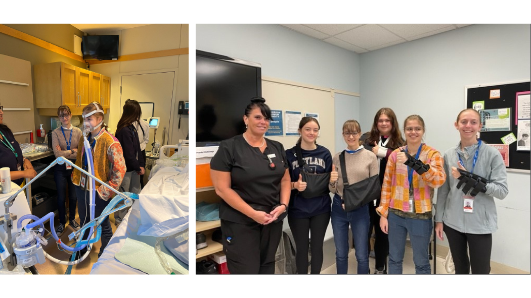 Image: From left: Student trying out a BiPap machine; students learned how to splint with Shannon McPhail, Emergency Department Technician (far left)