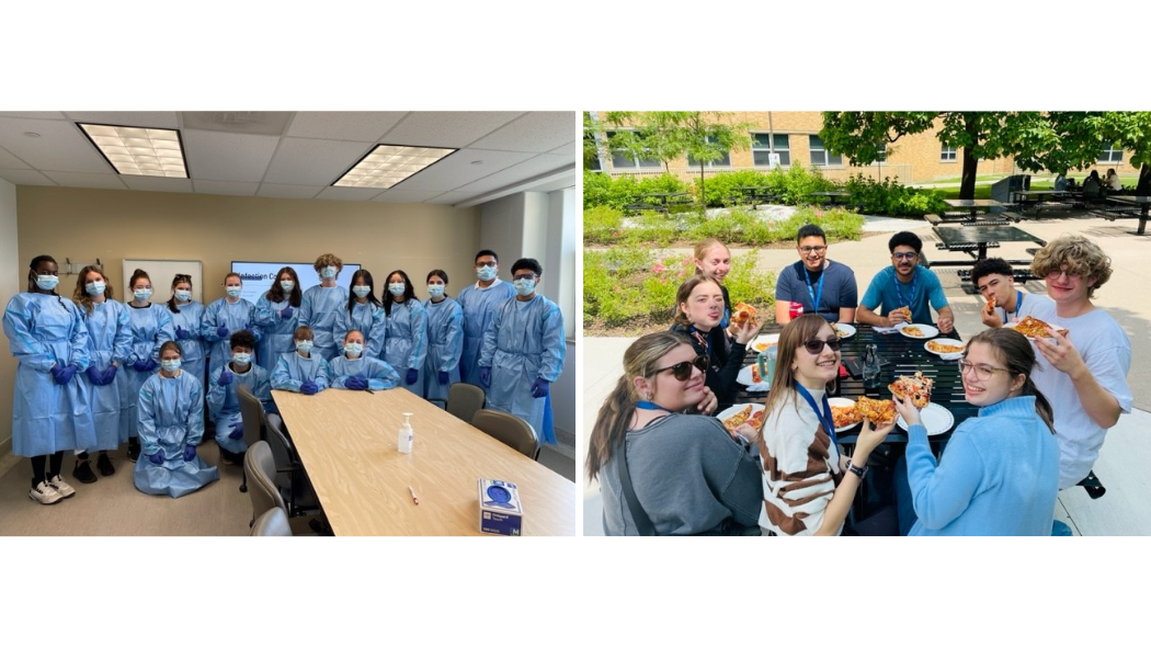 Image: From left: Students learned how to don and doff (put on and take off) personal protective equipment (PPE); students enjoying a pizza lunch