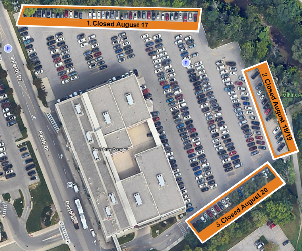 Overhead image of the Perth Drive parking lot at London Health Sciences Centre's University Hospital. The image highlights three areas on orange that are impacted by the upcoming tree trimming. 