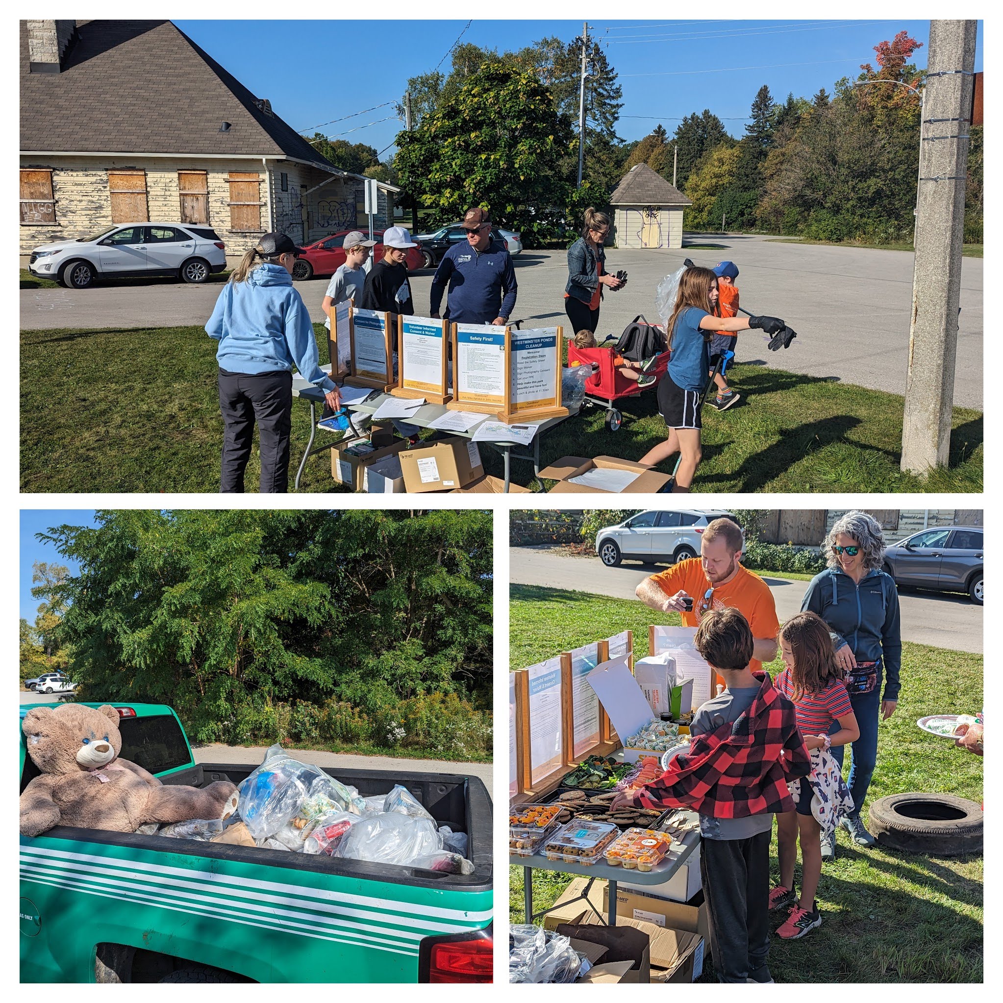 Collage of pictures from the event showing the signup table, the sponsored food from Daniels Health, and a pickup truck bed full of garbage that was collected during the cleanup