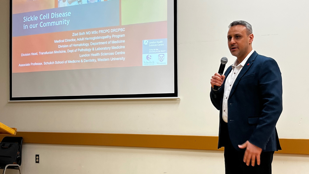 Image: Dr. Ziad Solh, Adult Hematologist and Medical Director of LHSC’s Lifespan Hemoglobinopathy Program, delivered a presentation on sickle cell disease to attendees of the London Black Health and Wellness Fair.