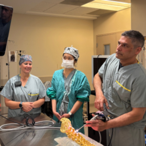 Neurosurgeon at LHSC demonstrates the endoscopic procedure using a spine model