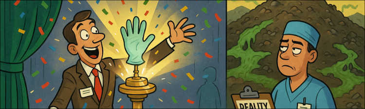 Illustration showing a man in a suit standing behind a table with a pedestal holding a glowing green glove. Above him, bold text reads ‘GREEN! REVOLUTIONARY! PLANET-SAVING!’ On the right, a person in medical scrubs holds a clipboard labeled ‘REALITY CHECK.’ In the background, two skulls emit green smoke from piles of waste.