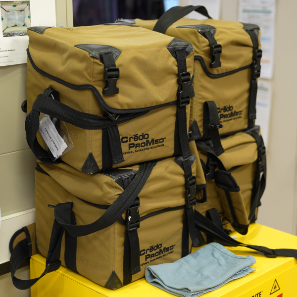 The Transfusion Medicine Lab has coolers ready for pick-up by Orgne air ambulance about three times a week. 