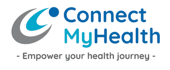 A logo with a stylized abstract icon on the left consisting of a grey and teal curved shape resembling an eye or a "C" surrounding a blue dot. To the right, the text "Connect MyHealth" is stacked in a blue sans-serif font. Below the main text is the tagline "- Empower your health journey -" in smaller, grey lettering.