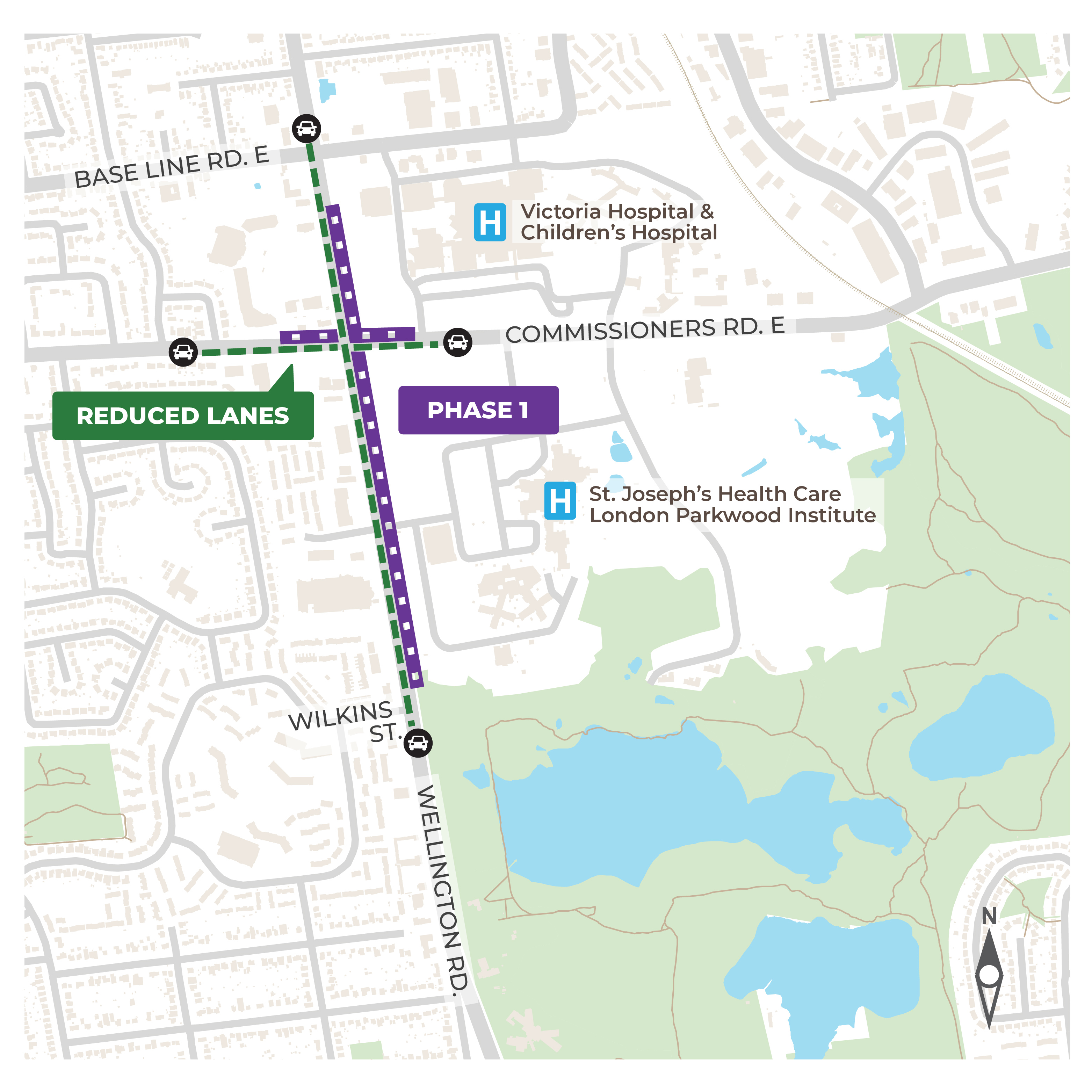 Map showing Phase 1 of the Wellington Gateway Rapid Transit Project. A green dotted line marks the Phase 1 area; a purple dotted line marks lane restrictions, which may affect northbound Wellington Road and eastbound Commissioners Road East.