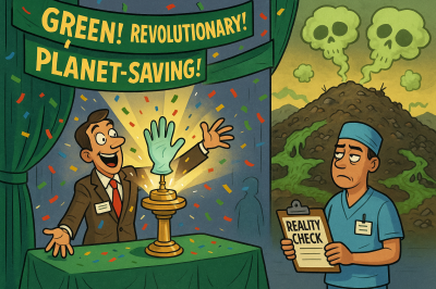 Illustration showing a man in a suit standing behind a table with a pedestal holding a glowing green glove. Above him, bold text reads ‘GREEN! REVOLUTIONARY! PLANET-SAVING!’ On the right, a person in medical scrubs holds a clipboard labeled ‘REALITY CHECK.’ In the background, two skulls emit green smoke from piles of waste.