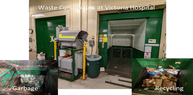 Two waste compactors, one for garbage and the other for recycling