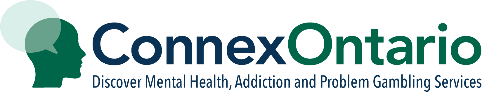 ConnexOntario logo featuring a stylized profile with overlapping speech bubbles, alongside the text ‘ConnexOntario’ and the tagline ‘Discover Mental Health, Addiction and Problem Gambling Services.’