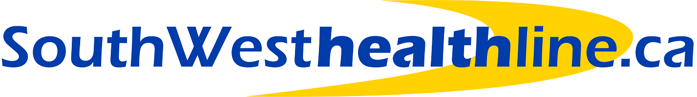 Logo for SouthWesthealthline.ca in blue text with a yellow oval swoosh in the background.