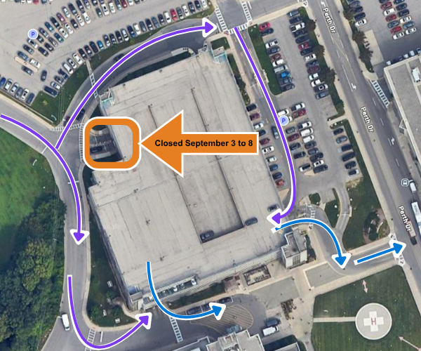 Above: The orange highlight above indicates the closure of University Hospital’s parkade/P4 northwest entrance. All other remaining entrances are indicated with purple arrows and remain open. Blue arrows indicate an exit pathway.