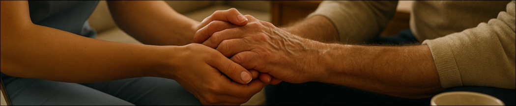 Close-up of two pairs of hands clasped together, with older hands gently resting on top of younger hands, conveying a sense of support and care in a warmly lit indoor setting.