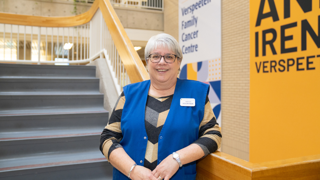 Kathy McGuire stands in the Verspeeten Family Cancer Centre.