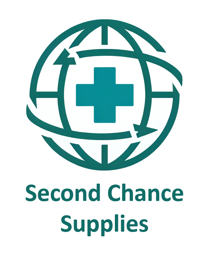 Logo for Second Chance Supplies: A stylized teal globe encircled by curved arrows indicating motion or recycling, with a prominent white medical cross at the center. Below the graphic, the organization name "Second Chance Supplies" appears in teal capital letters.