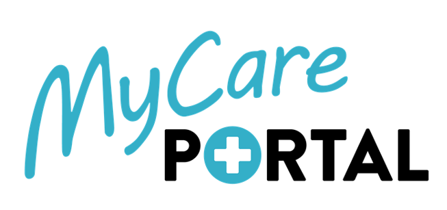 A logo featuring the words "MyCare" in a teal, handwritten script font, positioned above the word "PORTAL" in bold, black sans-serif capital letters. The letter "O" in "PORTAL" is replaced by a teal circle containing a white medical cross.