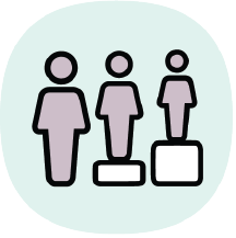 Icon of three people, two of which are standing on platforms which allow all of the people to be thew same height.