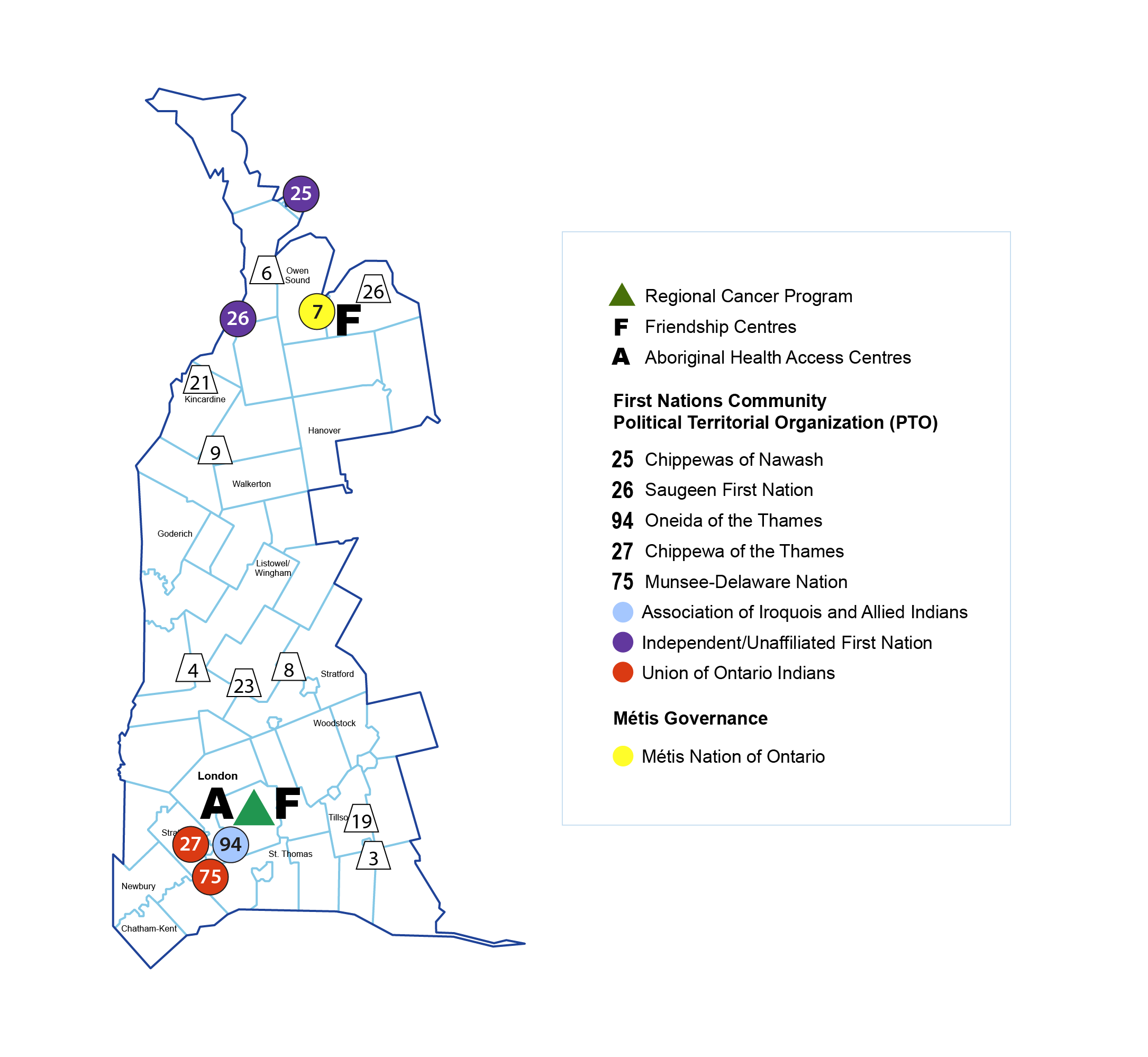 Map of the southwest region that outlines the location of Regional Cancer Programs, Friendship Centres, and Aboriginal Health Access Centres within First Nations Community Political Territorial Organizations and Métis Governance areas.