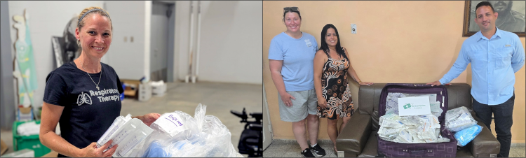 Split image: Left side shows a person in a black shirt labeled ‘Respiratory Therapy’ holding medical supplies, including packages marked ‘Cuffed Tracheostomy Tube.’ Right side shows three people standing behind a couch with an open suitcase filled with assorted medical supplies.