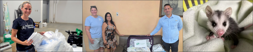 Collage of three photos: First, a person holds a large plastic bag filled with assorted items, likely medical supplies. Second, three people stand around a couch with several packages, one labeled ‘Respiratory Therapy.’ Third, a close-up of an opossum wrapped in a light-colored cloth.