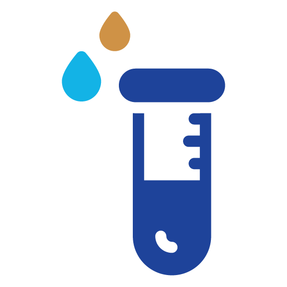 Icon of a test tube beside gold and blue droplets.