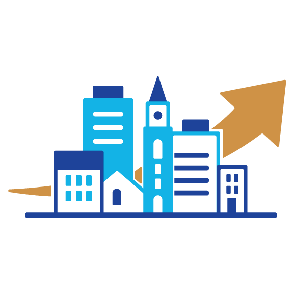 Graphic of a city space in front of an arrow pointing upward indicating population growth.