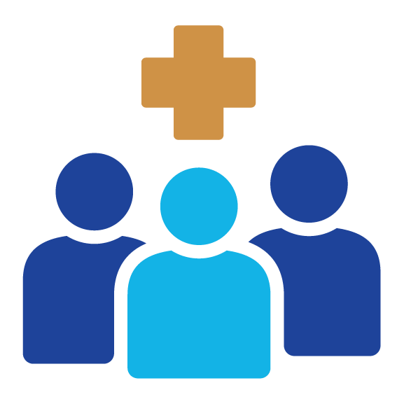 Icon of three people below and medical cross. 
