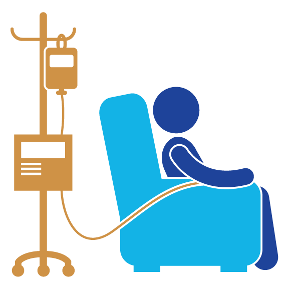 Graphic of an individual sitting in a chair receiving chemotherapy.