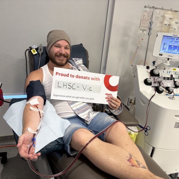 Serge Parent completes a blood donation.