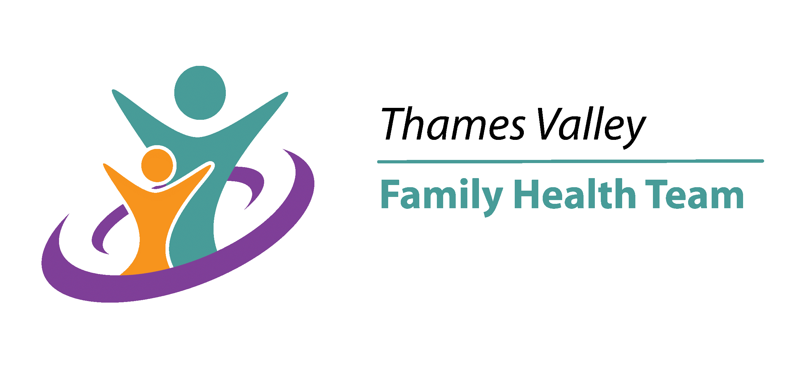 Logo for Thames Valley Family Health Team featuring stylized teal and orange figures with a purple swoosh.